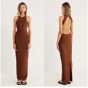 Rumer Penelope Halter Ribbed Maxi Dress Cocoa Brown Large L